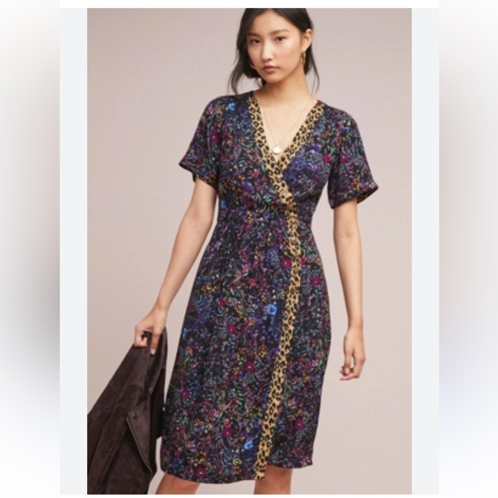 Floral Wrap Dress with Leopard Trim